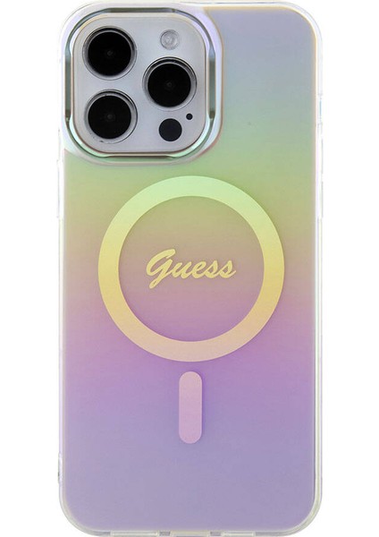 iPhone 15 Pro Uyumlu Kılıf Guess Orjinal Lisanslı Magsafe Şarj Özellik Yazı Logolu Iridescent Pembe