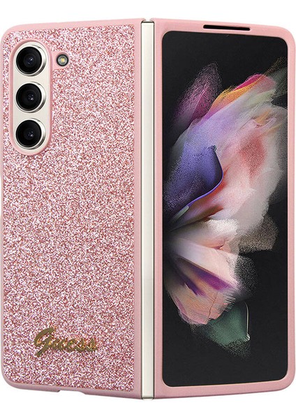 Galaxy Z Fold 5 Uyumlu Kılıf Guess Orjinal Lisanslı Yazı Logolu Glitter Script Kapak Pembe