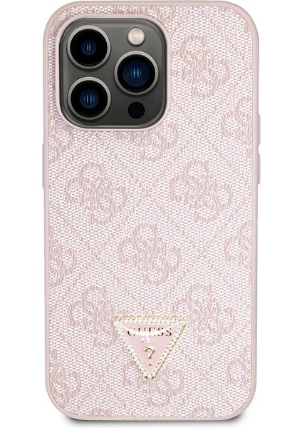 iPhone 14 Pro Max Uyumlu Kılıf Guess Orjinal Lisanslı Pu Deri Taşlı Üçgen Logo 4g Desen Kapak Pembe