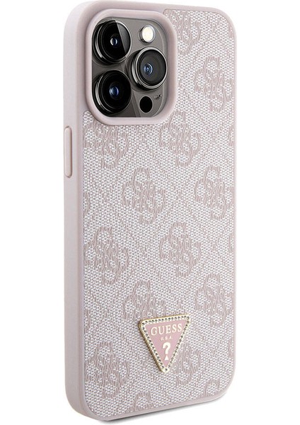 iPhone 15 Pro Max Kılıf Guess Orjinal Lisans Pu Deri Askı Taşlı Üçgen Logo 4g Strass Crossbody Pembe