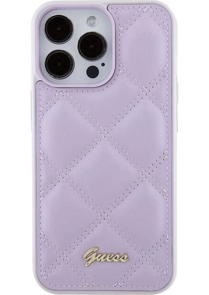 iPhone 15 Pro Max Uyumlu Kılıf Guess Orjinal Lisanslı Pu Deri Metal Yazı Logolu Kapitone Açık Mor