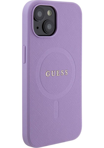 iPhone 15 Uyumlu Kılıf Guess Orjinal Lisanslı Magsafe Şarj Özellikli Yazı Logolu Saffiano Kapak Mor