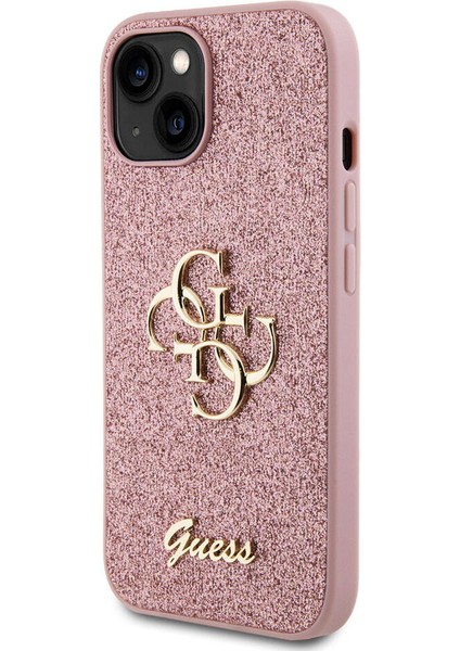 iPhone 15 Uyumlu Kılıf Guess Orjinal Lisanslı 4g Büyük Metal Logolu Glitter Kapak Pembe