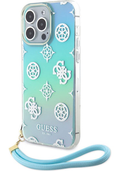 iPhone 15 Pro Max Kılıf Guess Orjinal Lisans Yazı Logolu Askı Ipli Holografik Glitter Peony Turkuaz