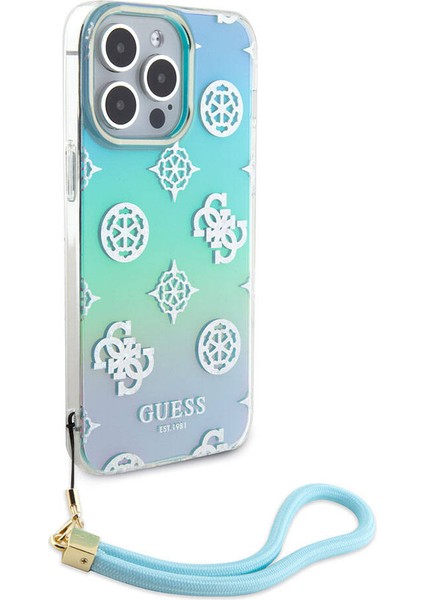 iPhone 15 Pro Max Kılıf Guess Orjinal Lisans Yazı Logolu Askı Ipli Holografik Glitter Peony Turkuaz