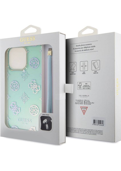 iPhone 15 Pro Max Kılıf Guess Orjinal Lisans Yazı Logolu Askı Ipli Holografik Glitter Peony Turkuaz