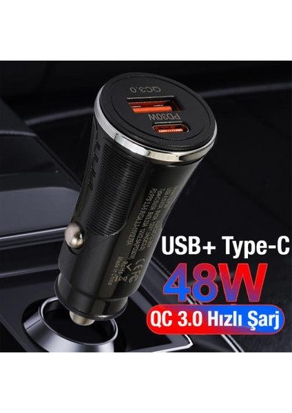 Qc3.0 Süper Hızlı 48W 1x Type C, 1x USB Girişli Araç Şarj Başlığı, 12/24V Tüm Çakmaklık, Yüksek Akım Korumalı Çakmaklık