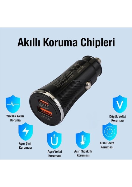 Qc3.0 Süper Hızlı 48W 1x Type C, 1x USB Girişli Araç Şarj Başlığı, 12/24V Tüm Çakmaklık, Yüksek Akım Korumalı Çakmaklık