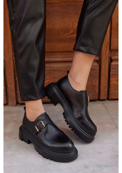 Juliet Siyah Deri Kalın Tabanlı Kadın Loafer