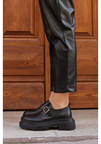 Juliet Siyah Deri Kalın Tabanlı Kadın Loafer modelleri