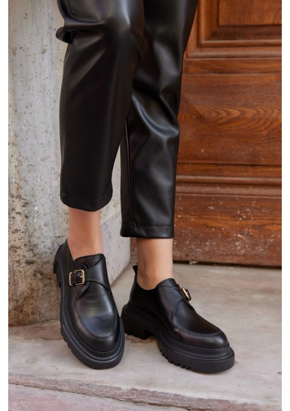 Juliet Siyah Deri Kalın Tabanlı Kadın Loafer fırsatları