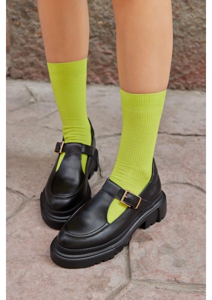 Bestie Siyah Deri Kalın Tabanlı Kadın Loafer