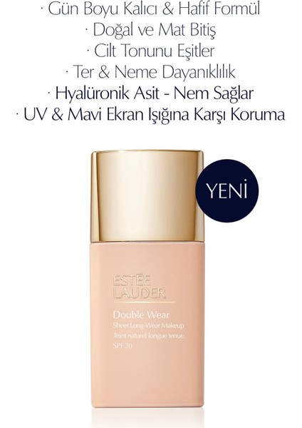 Double Wear Sheer Işıltı ve Nem Etkili Hafif Dokulu Fondöten SPF20 - 30ml Renk:2C0 Cool Vanilla