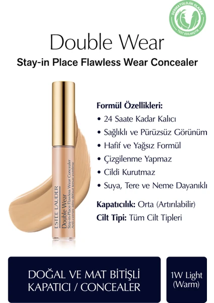 Estee Lauder Kapatıcı - Double Wear Stay-in-Place Flawless Wear Concealer - Renk: 1W Light (Warm) 7ml