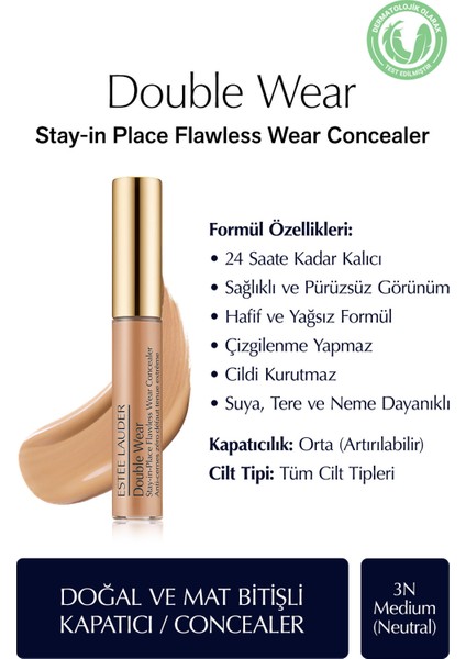 Kapatıcı - Double Wear Stay-in-Place Flawless Wear Concealer - Renk: 3N Medium (Neutral) 7ml