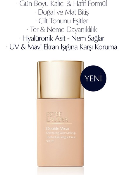 Double Wear Sheer Işıltı ve Nem Etkili Hafif Dokulu Fondöten SPF20 - 30ml Renk:1N2 Ecru