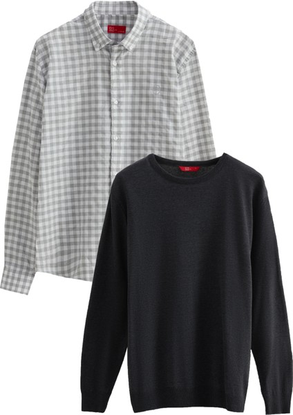 Slim Fit Gri Pamuk Karışımlı Bisiklet Yaka Triko Gömlek