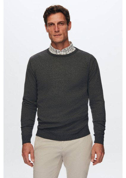 Slim Fit Gri Pamuk Karışımlı Bisiklet Yaka Triko Gömlek fiyatları