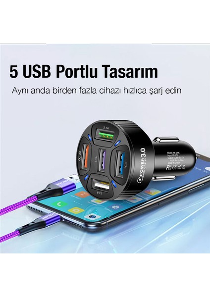 Qc3.0 5 Port Çıkışlı Çoklu USB Araç Içi Çakmaklık Hızlı Şarj Başlığı