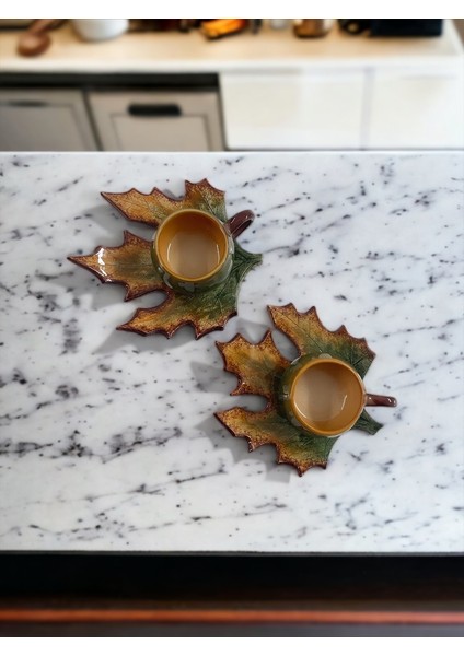 Dekoratif Yaprak Figürlü 2 Kişilik Kahve Fincanı Seti