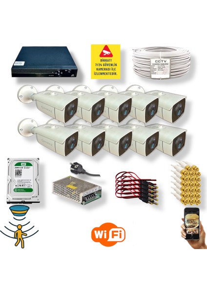 10 Kamerali Set - Hareket Algilayan Gece Görüşlü 24 Smd LED 5mp Sony Lensli 1080P Full Hd Metal Kasa Güvenlik Kamerasi Seti 6224