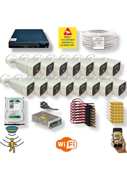 15 Kamerali Set - Hareket Algilayan Gece Görüşlü 24 Smd LED 5mp Sony Lensli 1080P Full Hd Metal Kasa Güvenlik Kamerasi Seti 6224