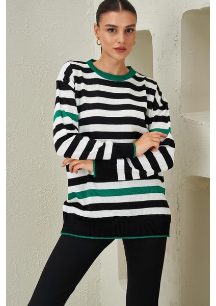 Kadın Zümrüt-Siyah-Ekru Bisiklet Yaka Üç Renk Çizgili Triko Kazak fiyatları