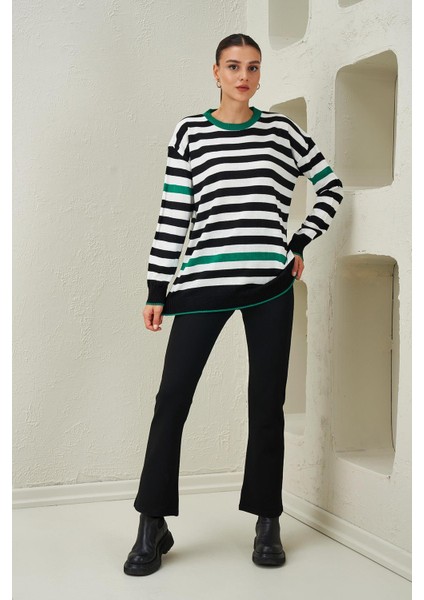 Kadın Zümrüt-Siyah-Ekru Bisiklet Yaka Üç Renk Çizgili Triko Kazak modelleri