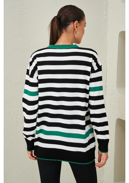Kadın Zümrüt-Siyah-Ekru Bisiklet Yaka Üç Renk Çizgili Triko Kazak fırsatları