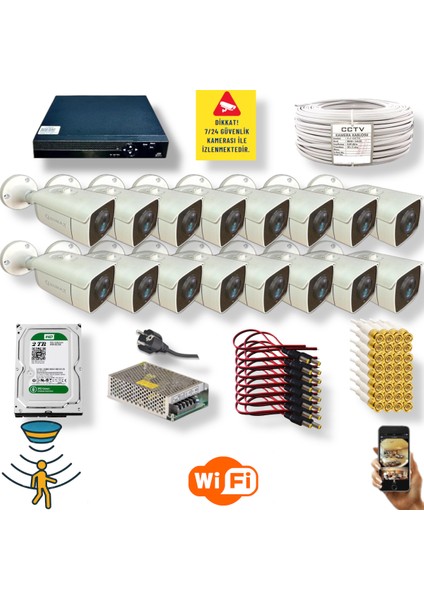 16 Kamerali Set - Hareket Algilayan Gece Görüşlü 24 Smd LED 5mp Sony Lensli 1080P Full Hd Metal Kasa Güvenlik Kamerasi Seti 6224