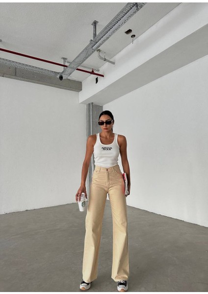 Kadın Krem Yüksel Bel Bol Paça Denim Pantalon fiyatları