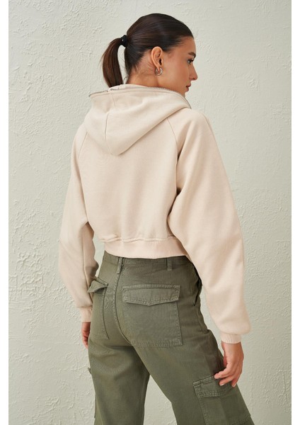 Tena Moda Kadın Taş Üç Iplik Komple Fermuarlı Kapüşonlu Sweatshirt indirimleri