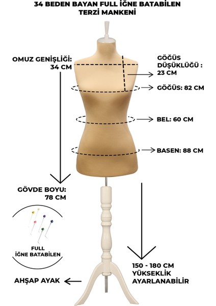 34 Beden Özel Jardonlu Ten Rengi Kumaş Iğne Batabilen Terzi Mankeni Prova Mankeni modelleri
