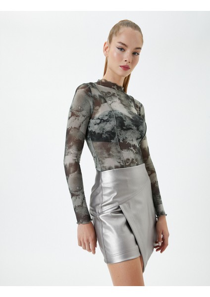 Mini Parlak Etek Kruvaze Gümüş Varak Kaplama Asimetrik Kesim