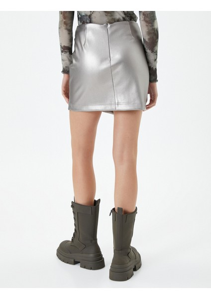 Mini Parlak Etek Kruvaze Gümüş Varak Kaplama Asimetrik Kesim fırsatları