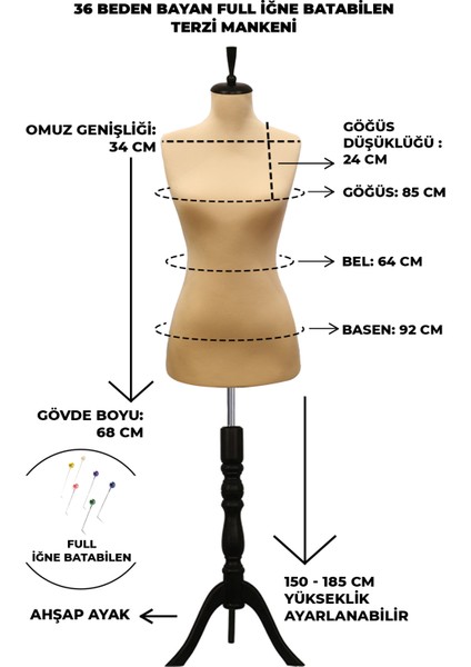 36 Beden Özel Jardonlu Ten Rengi Kumaş Iğne Batabilen Terzi Mankeni Prova Mankeni fiyatları