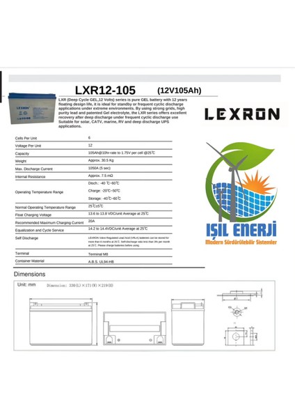 12V 105 Ah Solar Jel Akü - 12 Volt 105 Amper Solar Jel Akü