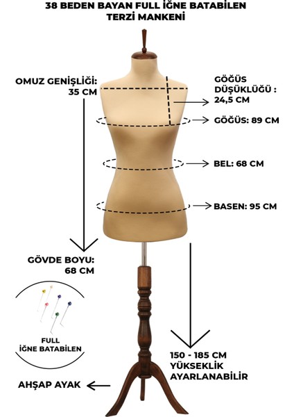 38 Beden Özel Jardonlu Ten Rengi Kumaş Iğne Batabilen Terzi Mankeni Prova Mankeni modelleri