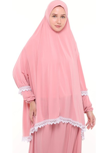 Kadın Iki Parça Likra Sandy Kumaş Dantelli Kollu Namaz Elbisesi-Pembe