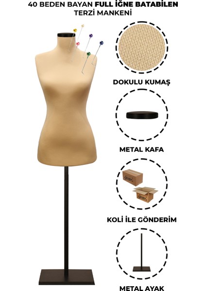 40 Beden Özel Jardonlu Ten Rengi Kumaş Iğne Batabilen Terzi Mankeni Prova Mankeni