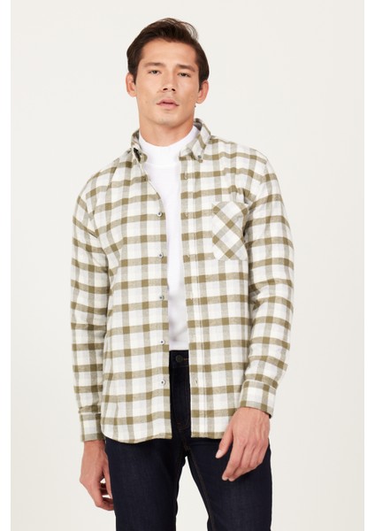 Erkek Haki-gri Slim Fit Dar Kesim Düğmeli Yaka Sıcak Tutan Kareli Kışlık Flanel Oduncu Gömlek