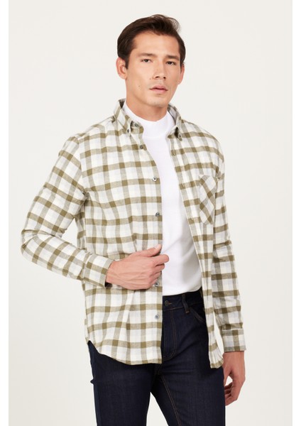 Erkek Haki-gri Slim Fit Dar Kesim Düğmeli Yaka Sıcak Tutan Kareli Kışlık Flanel Oduncu Gömlek