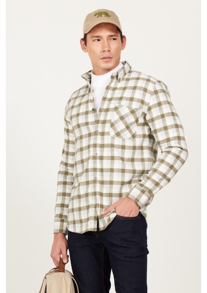 Erkek Haki-gri Slim Fit Dar Kesim Düğmeli Yaka Sıcak Tutan Kareli Kışlık Flanel Oduncu Gömlek
