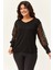 Kadın Büyük Beden Transparan File Kol Detaylı Siyah Bluz 2