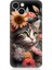 Apple iPhone 14 Plus Uyumlu Silikon Kılıf Çiçekler ve Kül Gri Kedi 1