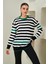 Kadın Zümrüt-Siyah-Ekru Bisiklet Yaka Üç Renk Çizgili Triko Kazak 1