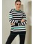 Kadın Zümrüt-Siyah-Ekru Bisiklet Yaka Üç Renk Çizgili Triko Kazak 2