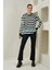 Kadın Zümrüt-Siyah-Ekru Bisiklet Yaka Üç Renk Çizgili Triko Kazak 3