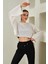 Tena Moda Kadın Ekru Sıfır Yaka Geniş Kollu Crop Kazak 2
