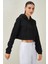 Kadın Siyah Kapüşonlu Eteği Pis Dikişli Crop Sweatshirt 2
